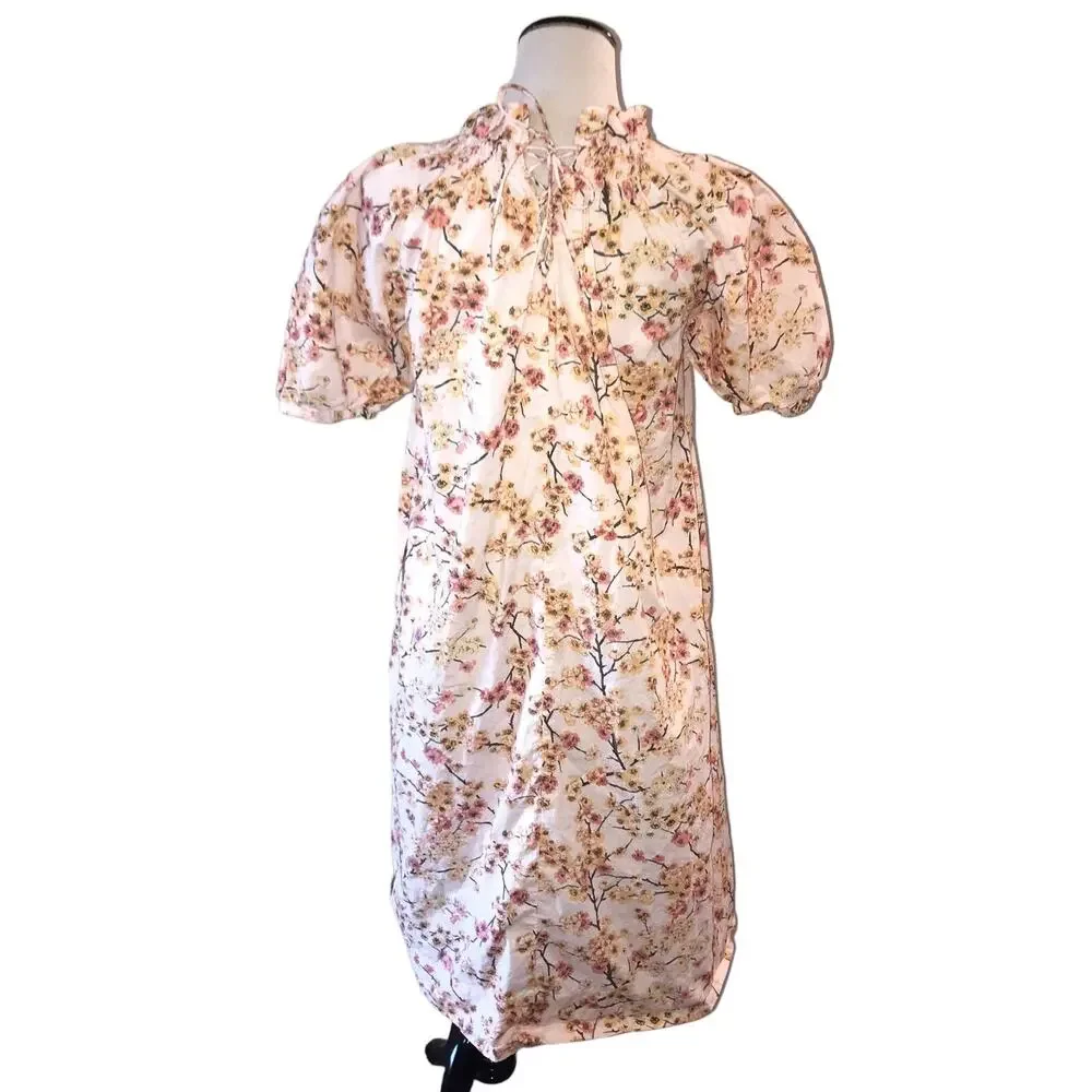 J. Crew Cherry Blossom Smocked Neck Puff Sleeve Dress